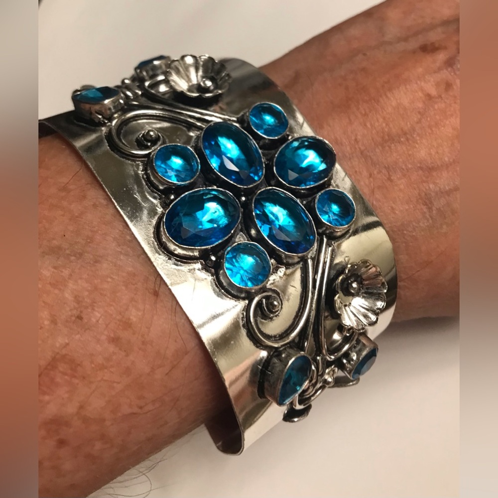 Blue Topaz Stamped Solid 925 Sterling Silver Cuff Bracelet
